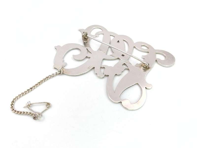 Gorgeous sterling silver scrolled initials brooch