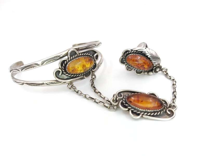 Amazing sterling silver & Baltic amber Navajo gypsy style ring & bracelet set
