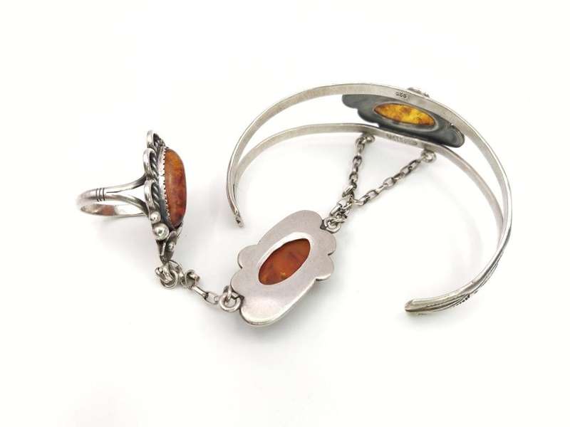 Amazing sterling silver & Baltic amber Navajo gypsy style ring & bracelet set