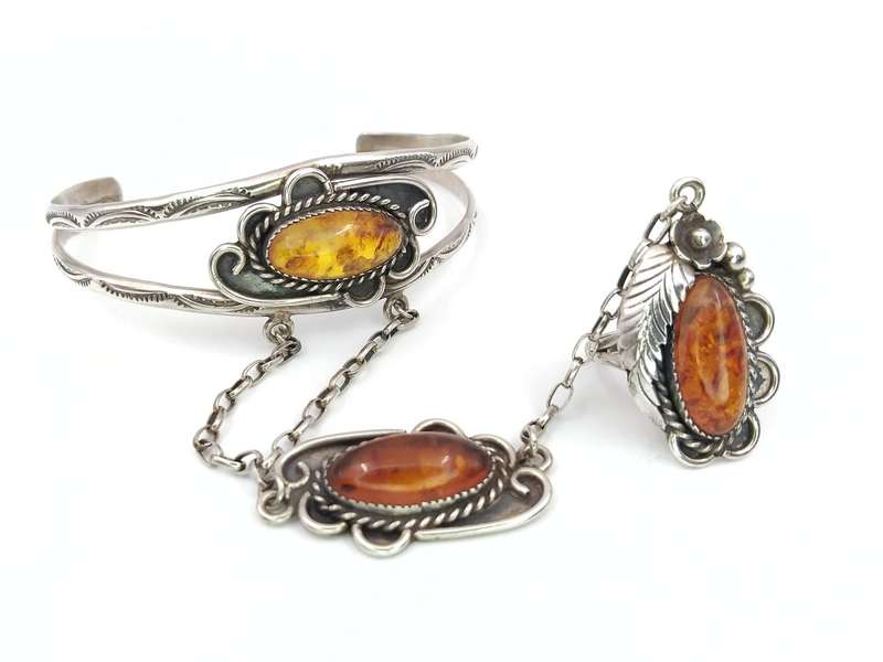 Amazing sterling silver & Baltic amber Navajo gypsy style ring & bracelet set