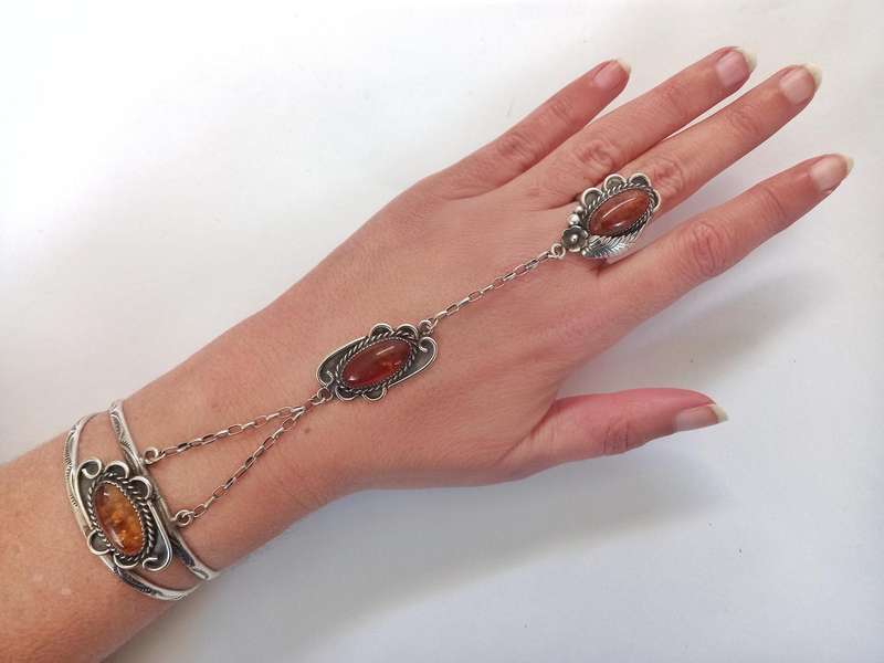 Amazing sterling silver & Baltic amber Navajo gypsy style ring & bracelet set