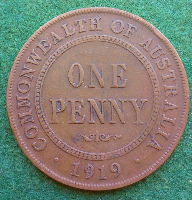 Australia 1919 penny Error.  Nearly completely missing top scroll.
