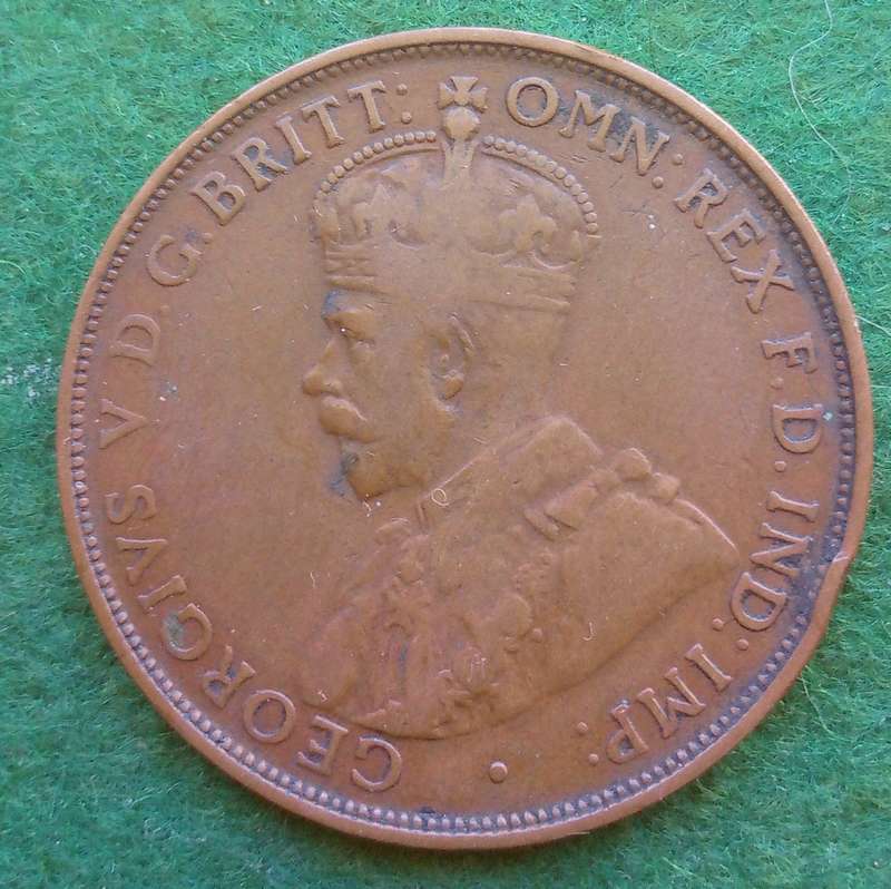 Australia 1919 penny Error.  Nearly completely missing top scroll.