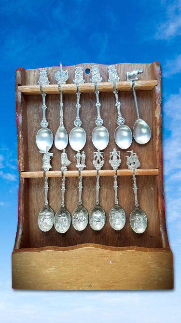12 Vintage EPNS spoons on wooden wall Rack 300x200x62mm