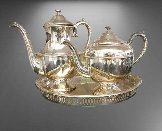 Vintage ESSAY EP Copper lead mounts made in Canada Coffee and Teapot on a EPNS tray