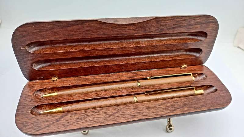 Wood Pen And Pencil set in wood box with sleeve - Siemens Logo on box -Ink is good