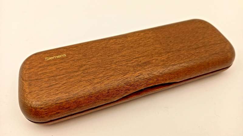 Wood Pen And Pencil set in wood box with sleeve - Siemens Logo on box -Ink is good