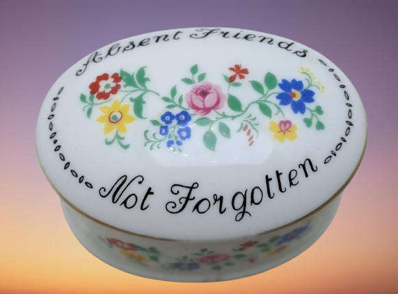 Small Vintage Crown Fine Bone China Not Forgotten Trinket Box with Lid Staffordshire England.