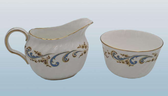 Vintage Royal Grafton MARLBOROUGH Pattern Sugar Bowl and Creamer -Fine Bone China (tiny Chip)