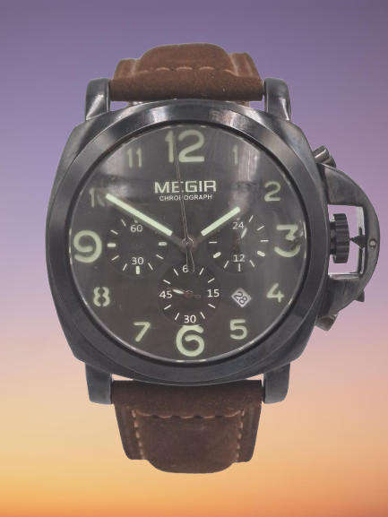 Megir Mens Quartz watch with Leather strap -Large Face-Working