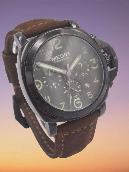 Megir Mens Quartz watch with Leather strap -Large Face-Working