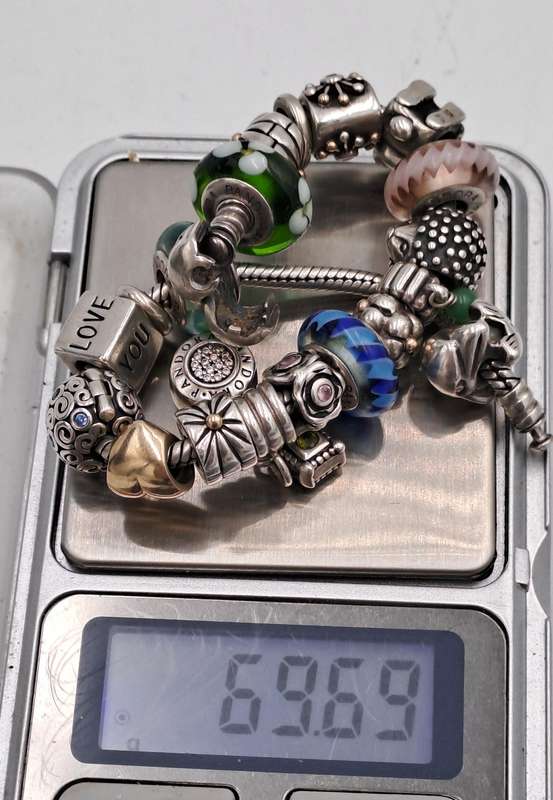 Pandora Charm Bracelet with 18 Charms  Sterling Silver and Gold- 1 Gold Heart and 1 Silver with Gold
