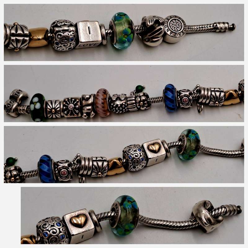 Pandora Charm Bracelet with 18 Charms  Sterling Silver and Gold- 1 Gold Heart and 1 Silver with Gold