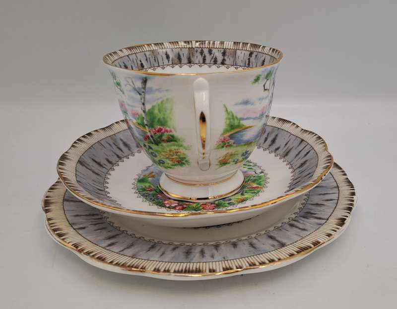 Vintage Royal Albert SILVER BIRCH Tea Trio Bone China England (Cup Has a Hairline Crack)