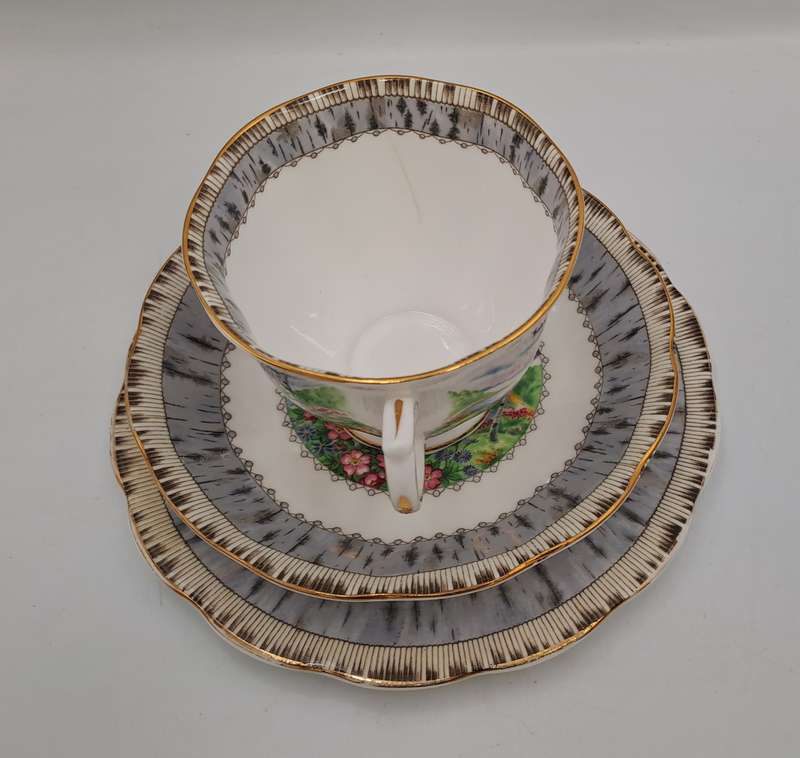 Vintage Royal Albert SILVER BIRCH Tea Trio Bone China England (Cup Has a Hairline Crack)