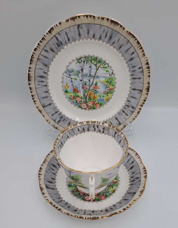 Vintage Royal Albert SILVER BIRCH Tea Trio Bone China England (Cup Has a Hairline Crack)
