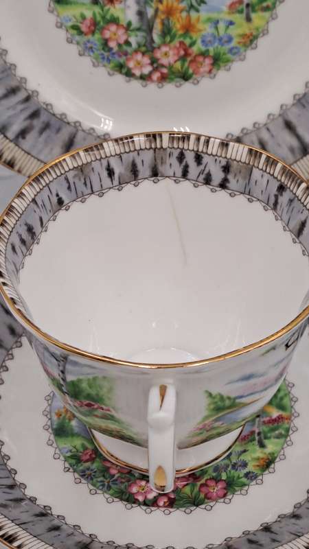 Vintage Royal Albert SILVER BIRCH Tea Trio Bone China England (Cup Has a Hairline Crack)