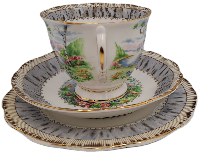 Vintage Royal Albert SILVER BIRCH Tea Trio Bone China England (Cup Has a Hairline Crack)