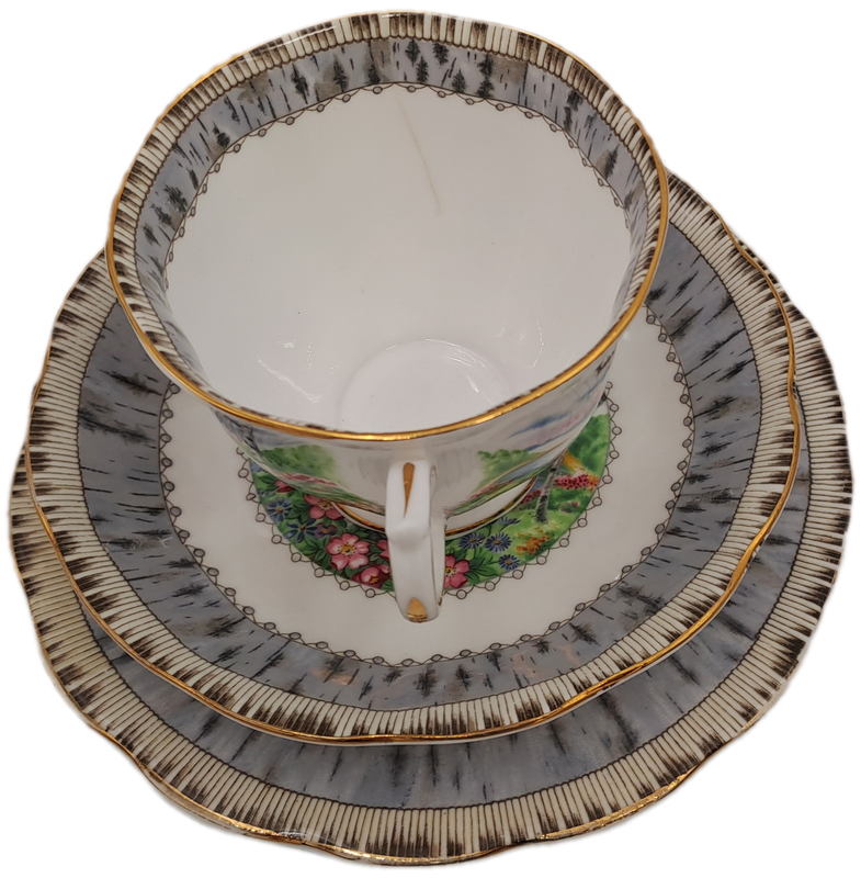 Vintage Royal Albert SILVER BIRCH Tea Trio Bone China England (Cup Has a Hairline Crack)