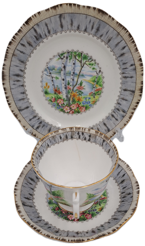 Vintage Royal Albert SILVER BIRCH Tea Trio Bone China England (Cup Has a Hairline Crack)
