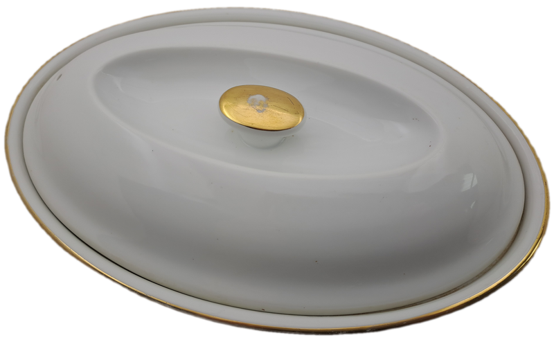 Vintage Royal Worcester Porcelain Gold Handle Casserole Baking Dish with lid shape 21 size 2 (used)