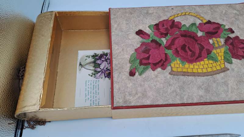 Large Vintage Rowntree's York Seal Assortment Chocolates Box with Embroided Roses sides slide open