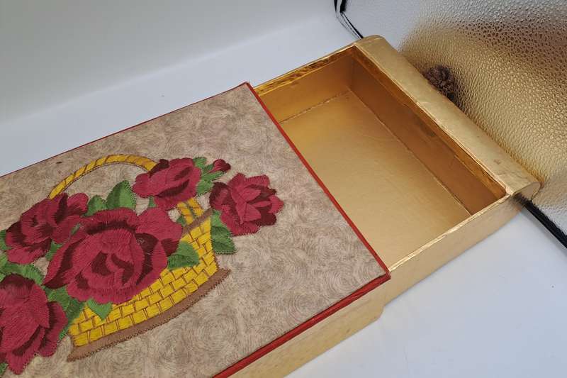 Large Vintage Rowntree's York Seal Assortment Chocolates Box with Embroided Roses sides slide open