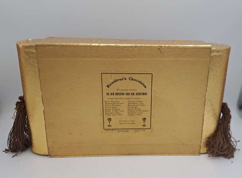 Large Vintage Rowntree's York Seal Assortment Chocolates Box with Embroided Roses sides slide open