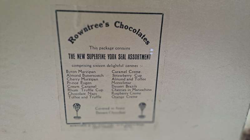 Large Vintage Rowntree's York Seal Assortment Chocolates Box with Embroided Roses sides slide open