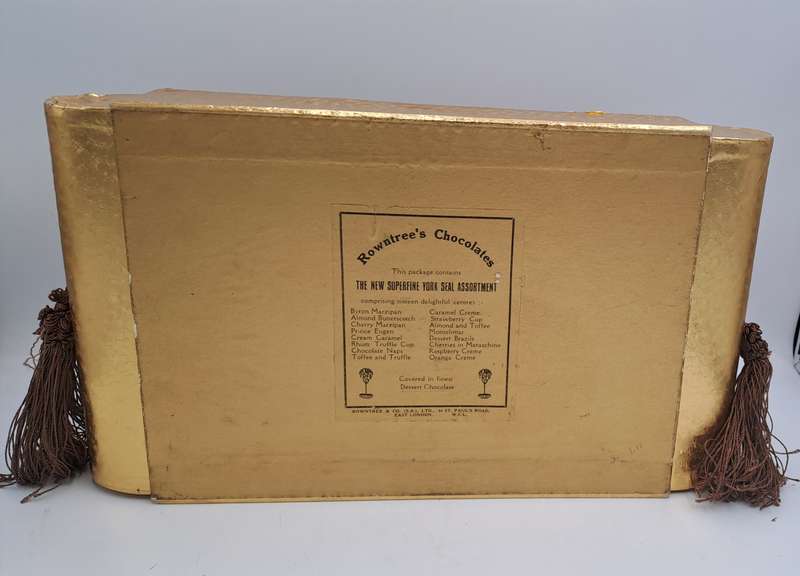 Large Vintage Rowntree's York Seal Assortment Chocolates Box with Embroided Roses sides slide open
