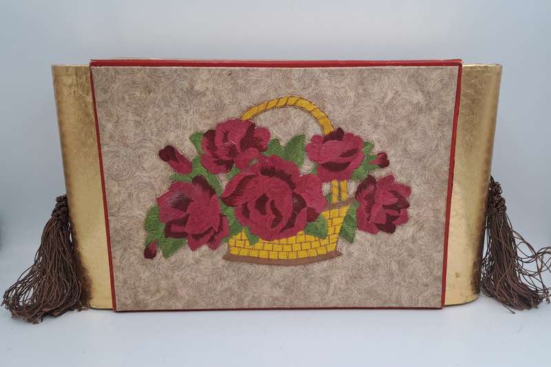 Large Vintage Rowntree's York Seal Assortment Chocolates Box with Embroided Roses sides slide open
