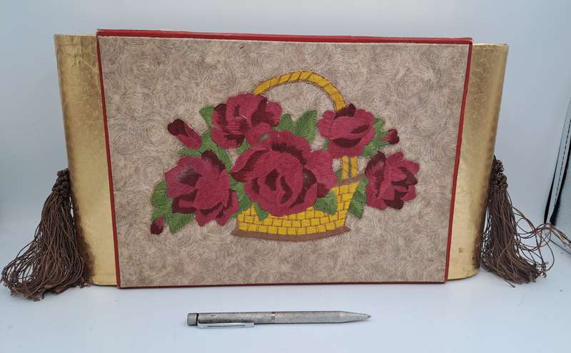 Large Vintage Rowntree's York Seal Assortment Chocolates Box with Embroided Roses sides slide open