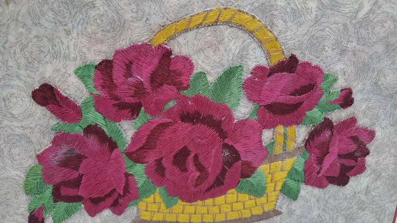 Large Vintage Rowntree's York Seal Assortment Chocolates Box with Embroided Roses sides slide open
