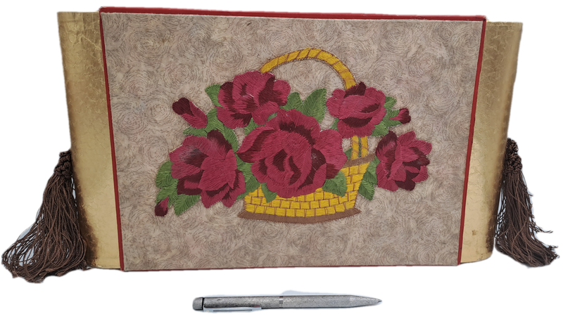 Large Vintage Rowntree's York Seal Assortment Chocolates Box with Embroided Roses sides slide open