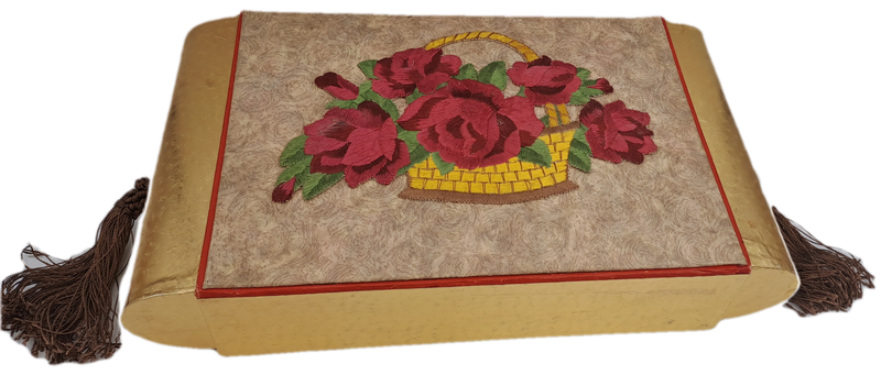 Large Vintage Rowntree's York Seal Assortment Chocolates Box with Embroided Roses sides slide open