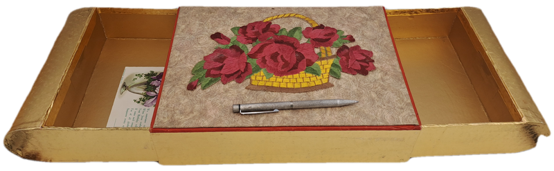 Large Vintage Rowntree's York Seal Assortment Chocolates Box with Embroided Roses sides slide open