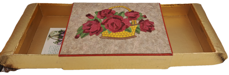 Large Vintage Rowntree's York Seal Assortment Chocolates Box with Embroided Roses sides slide open