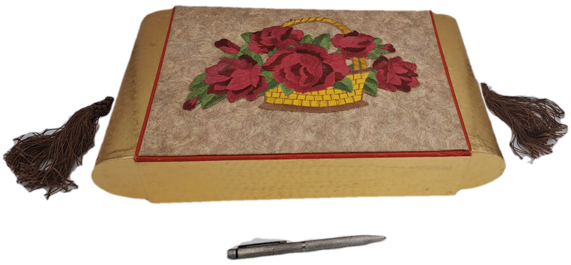 Large Vintage Rowntree's York Seal Assortment Chocolates Box with Embroided Roses sides slide open