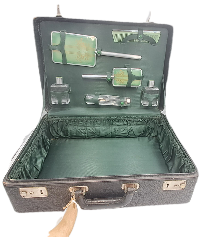 Large Vintage Dickenson Leather Travel case with Green Ladies Travel Set