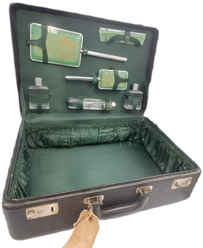Large Vintage Dickenson Leather Travel case with Green Ladies Travel Set