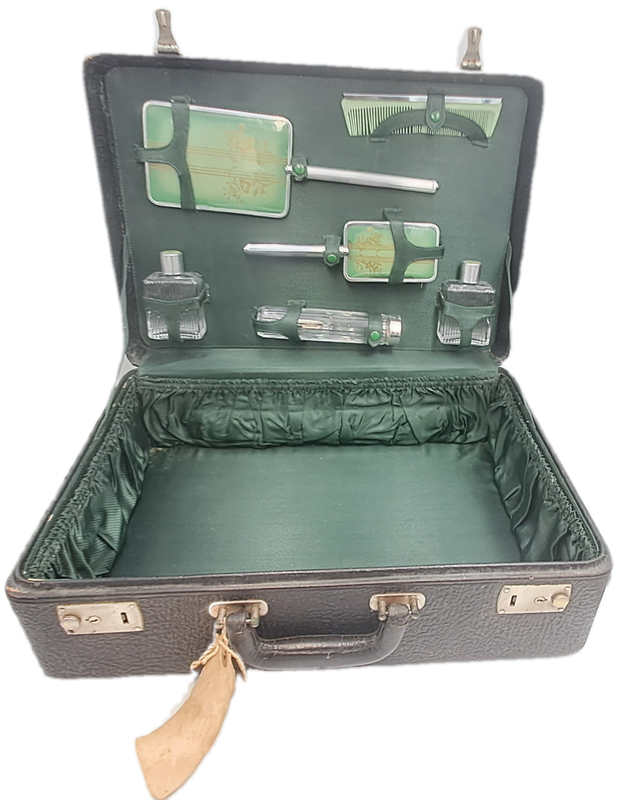 Large Vintage Dickenson Leather Travel case with Green Ladies Travel Set