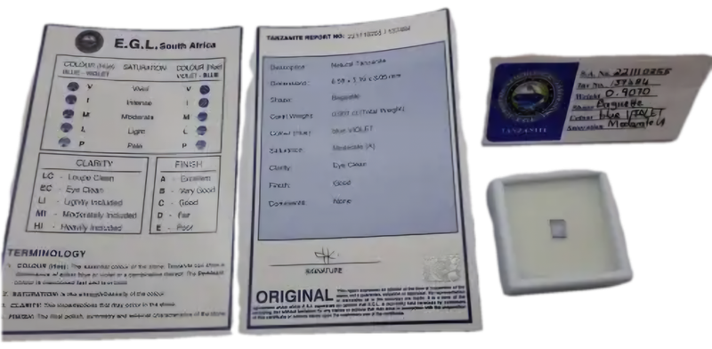 E.G.L Certified 0,907ct Natural Tanzanite -Baguette-Blue-Violet,Eye Clean,-full report -in Capsule