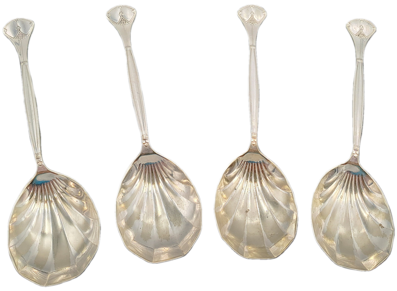 4 Vintage M&RS Permanent plate serving spoons with shell bowls Rd.no.240300 Made in Sheffield Eng.
