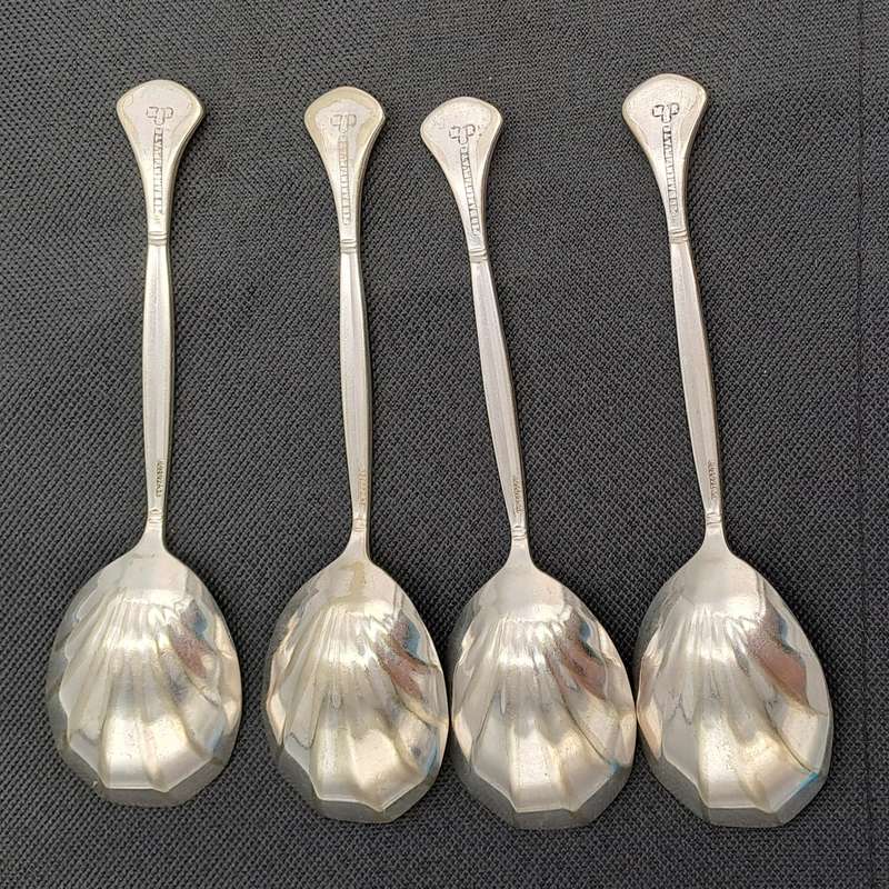 4 Vintage M&RS Permanent plate serving spoons with shell bowls Rd.no.240300 Made in Sheffield Eng.
