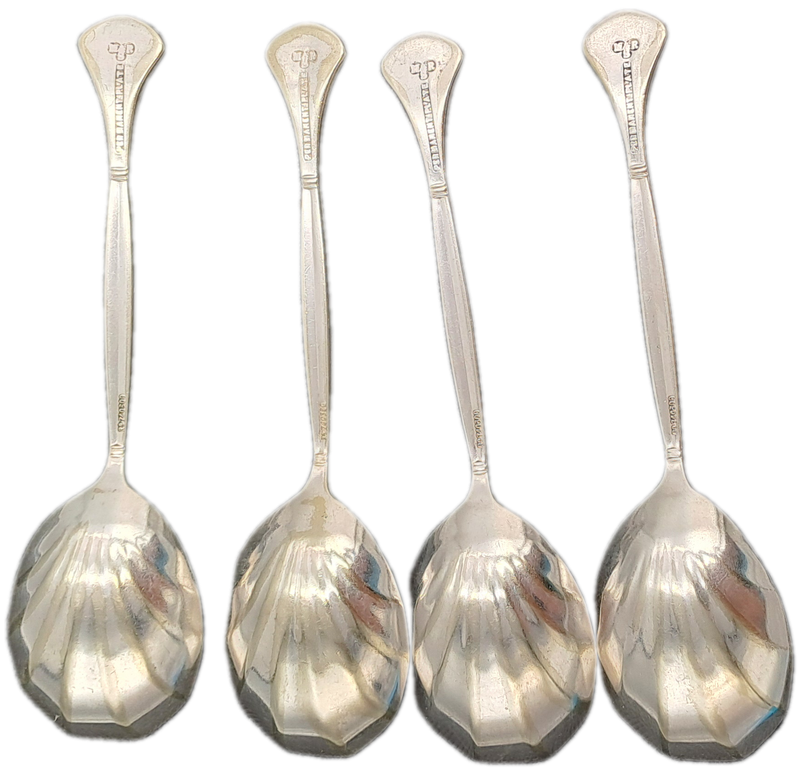 4 Vintage M&RS Permanent plate serving spoons with shell bowls Rd.no.240300 Made in Sheffield Eng.