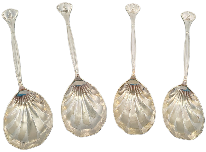4 Vintage M&RS Permanent plate serving spoons with shell bowls Rd.no.240300 Made in Sheffield Eng.