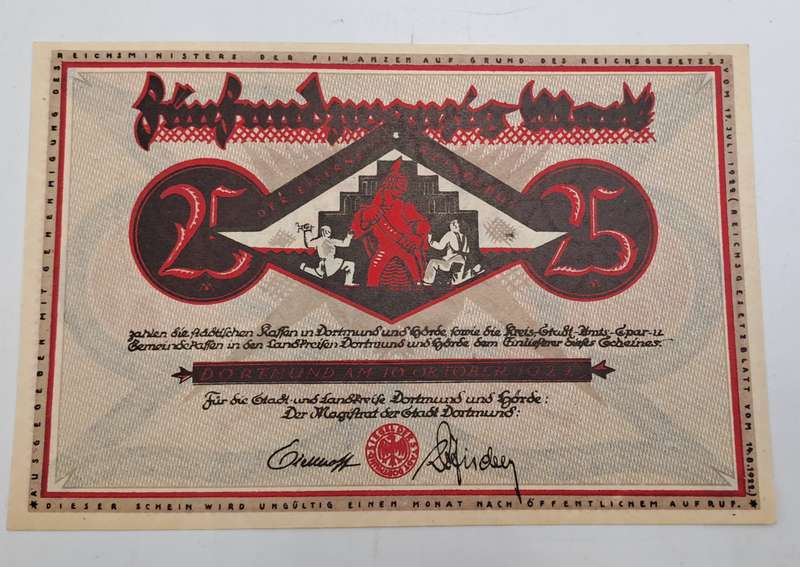 1922 German notgeld 25 MARK Districts of Dortmund and Hörde (Prussian province of Westphalia)