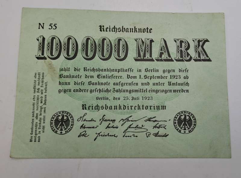 1923 Germany (1871-1948) 100 000 Mark Reichsbanknote