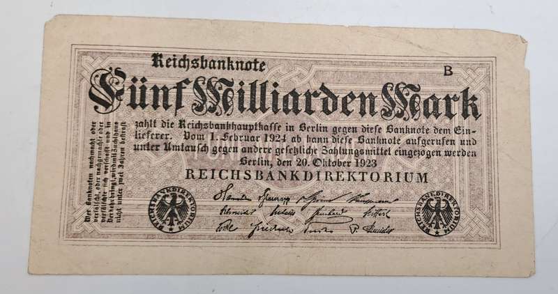 1923 Germany (1871-1948) 5 000 000 000 Mark (5 billion) Reichsbanknote