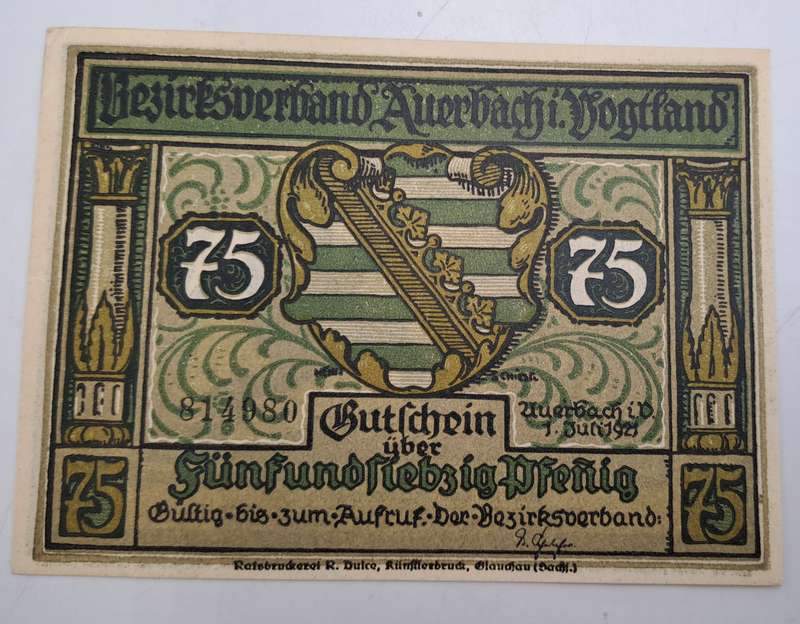 1921  75 phennigs Germany  German notgeld  Saxony, Federal state of  Auerbach im Vogtland note